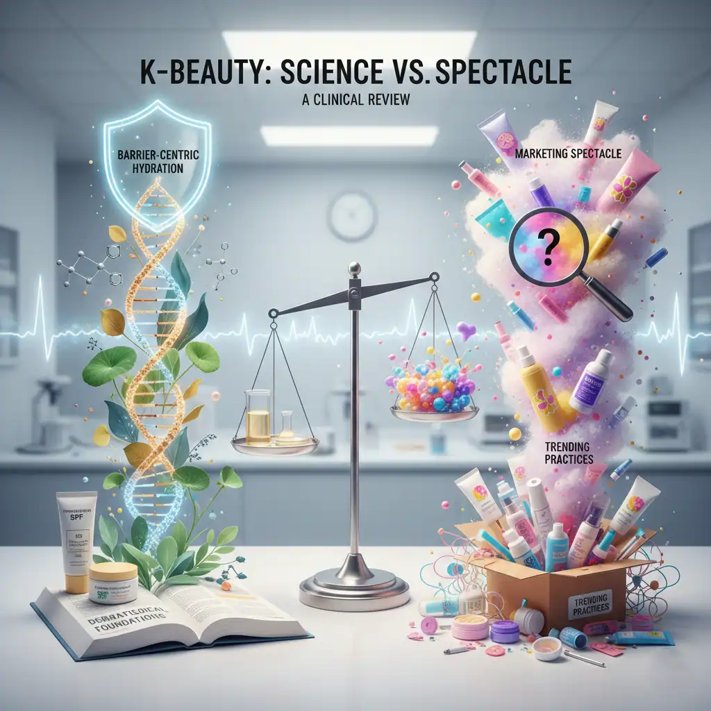 Scientific comparison of Korean skincare principles highlighting evidence-based barrier care versus marketing-driven trends