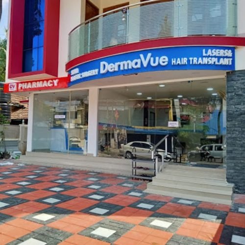 A vibrant image showcasing DermaVue Thiruvananthapuram, offering advanced skin and hair care treatments like hair transplant, laser hair removal, skin whitening, and dermatology services.